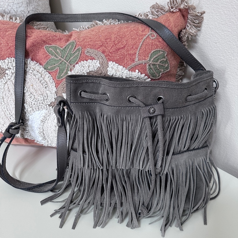 Patricia Nash Boho Gray Suede Fringe Crossbody Bag